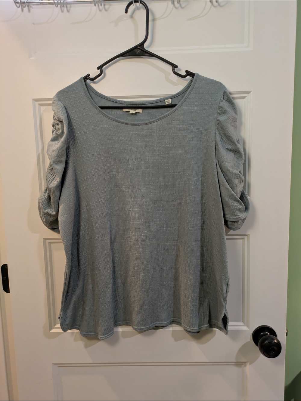 Max Studio Dusty Blue Textured Scoop Neck Top with Ruched Sleeves